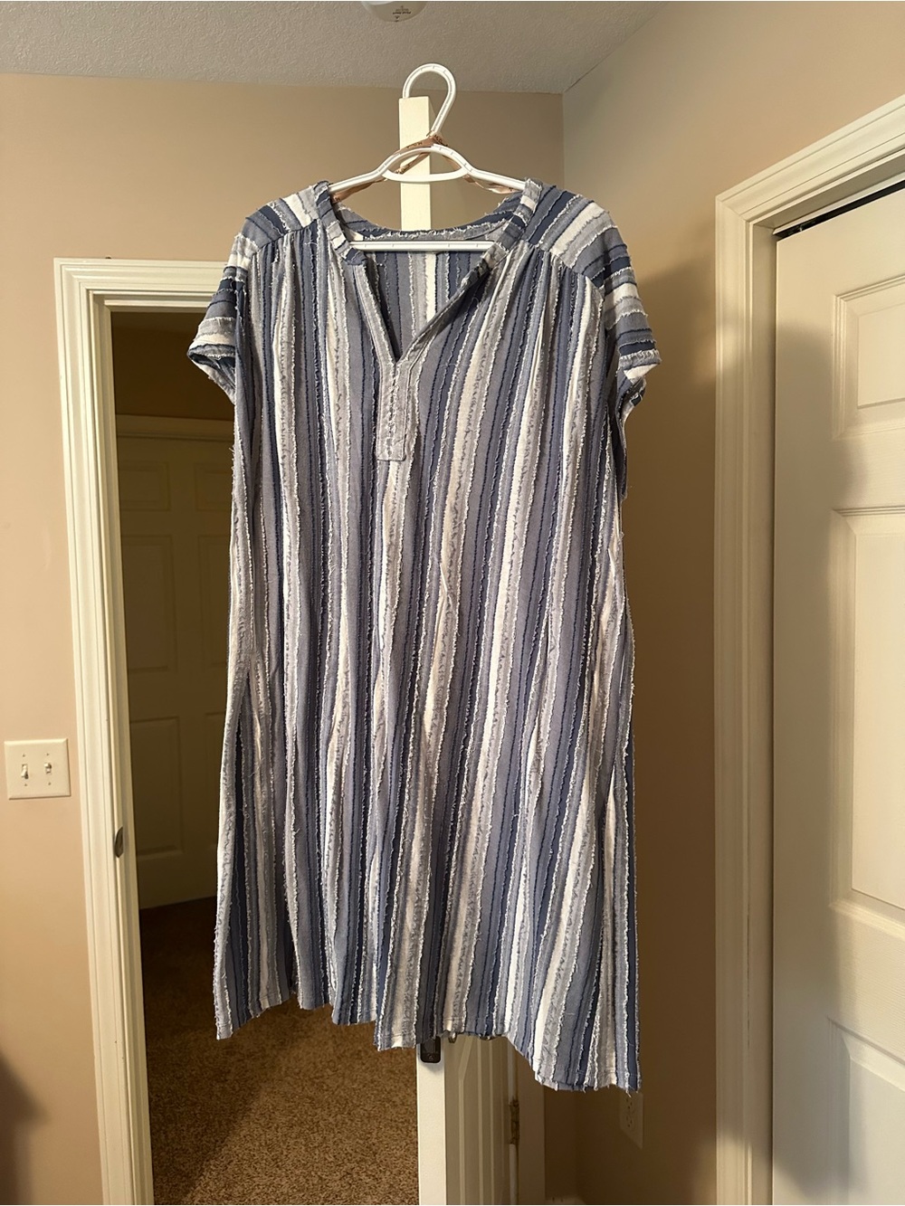 Blue & White Striped Midi Dress with V-Neck
